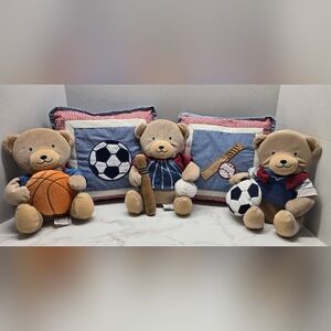 Tiddliwinks Sports Plush Bears Set Baseball Soccer Basketball + 2 Pillows